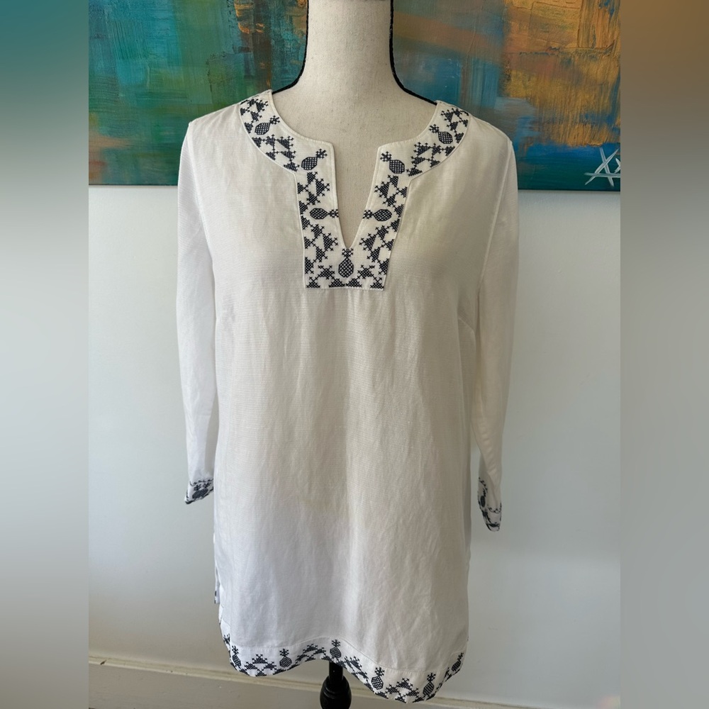 Tommy Bahama NWT Prim Pina White Boho Linen Blend Embroidered Tunic  XS